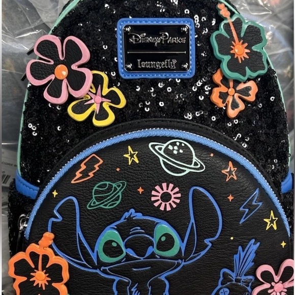 Loungefly Disney Parks Stitch 626 Day Black Neon Sequin Mini Backpack - NWT main image 5